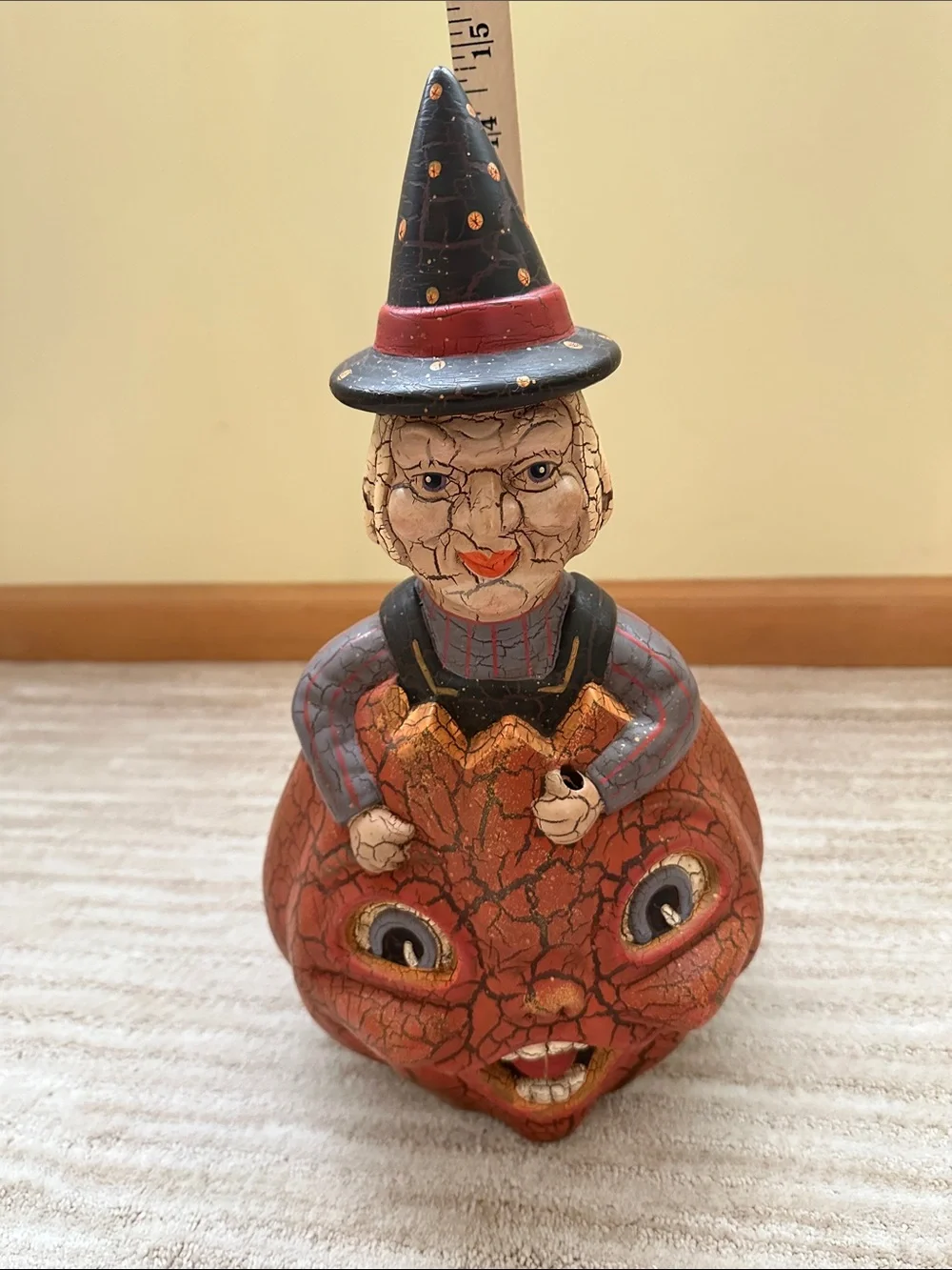 Folk art Halloween Witch in Double Sided Pumpkin Terracotta Crackle Finish 15